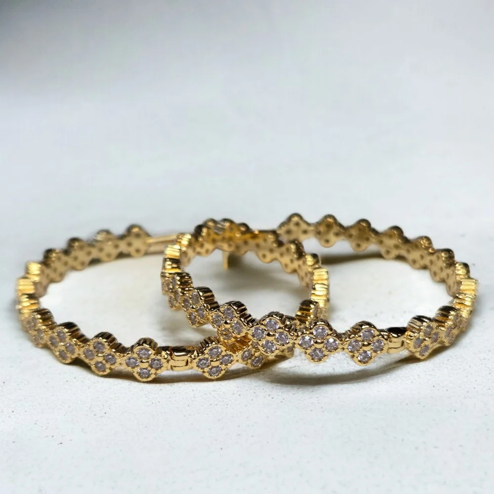 18k Gold Plated Clover Zircon Crystal Hoop Earrings